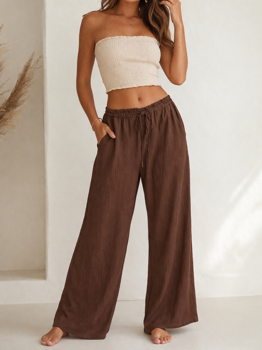 Zara Wide-Leg Drawstring Pants in Chocolate Brown